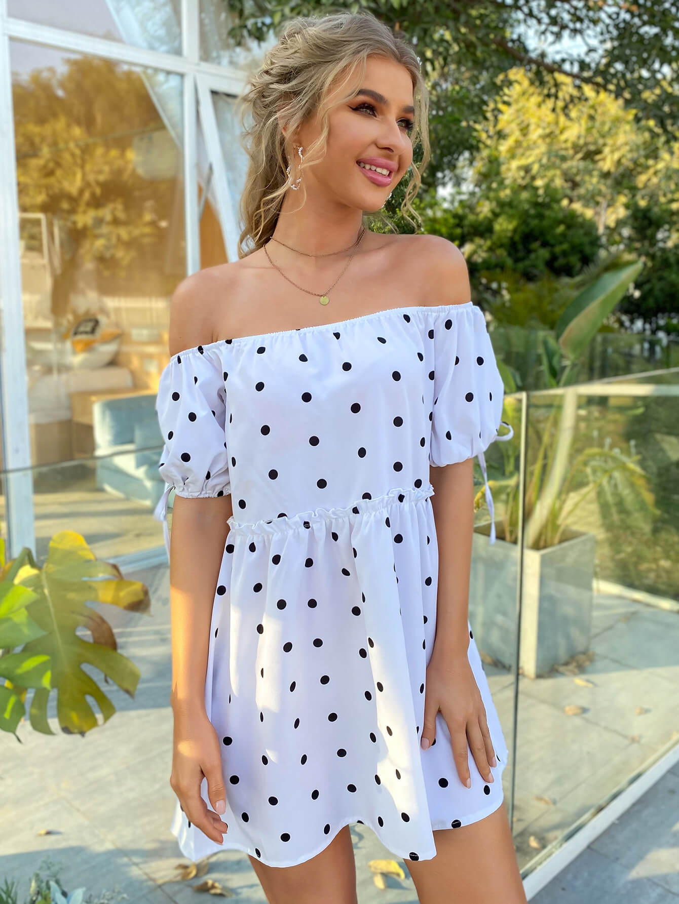 Polka Dot Off-Shoulder Frill Trim Dress