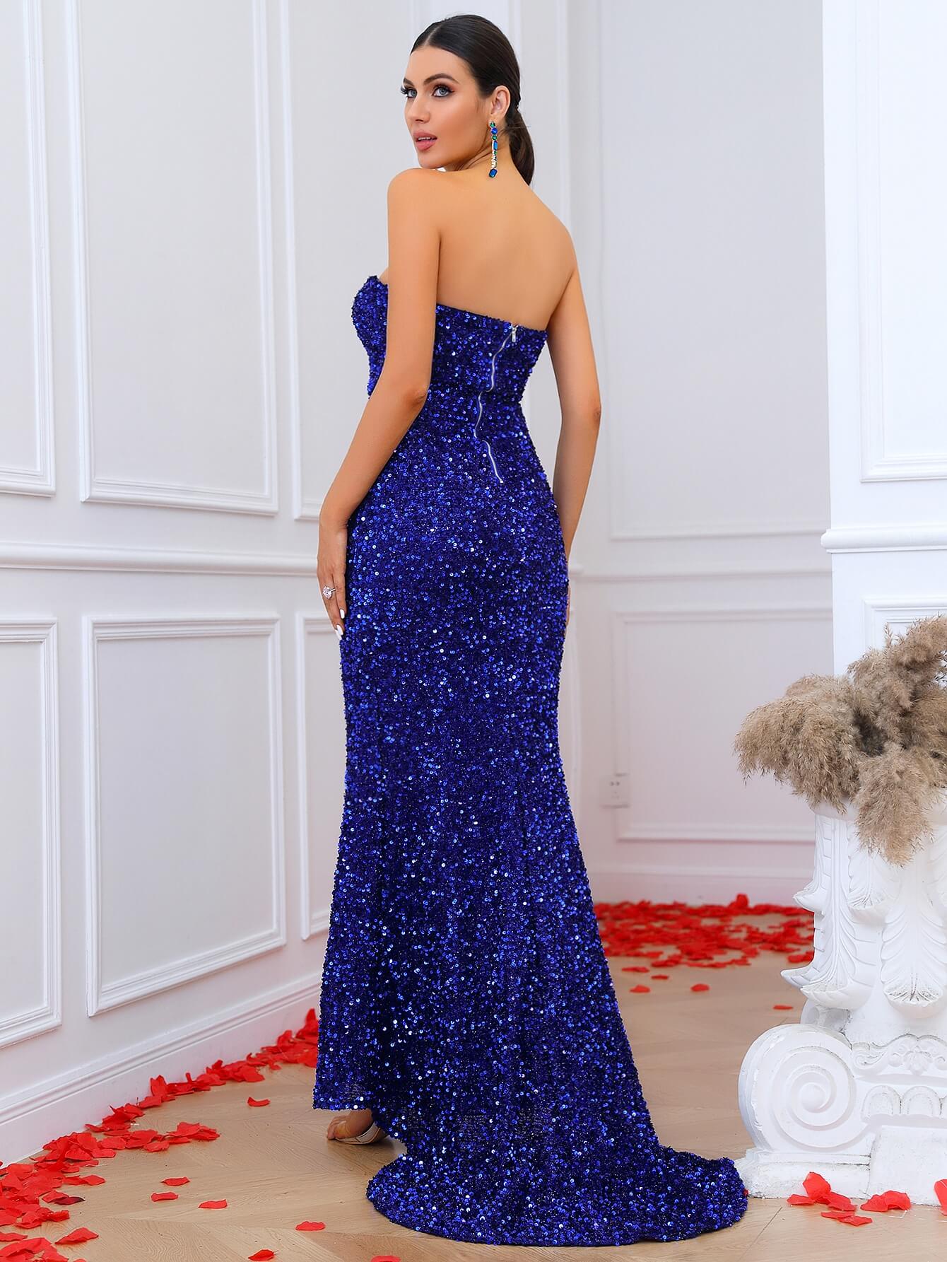 Sequin Zip-Back Strapless Split Floor-Length Dress