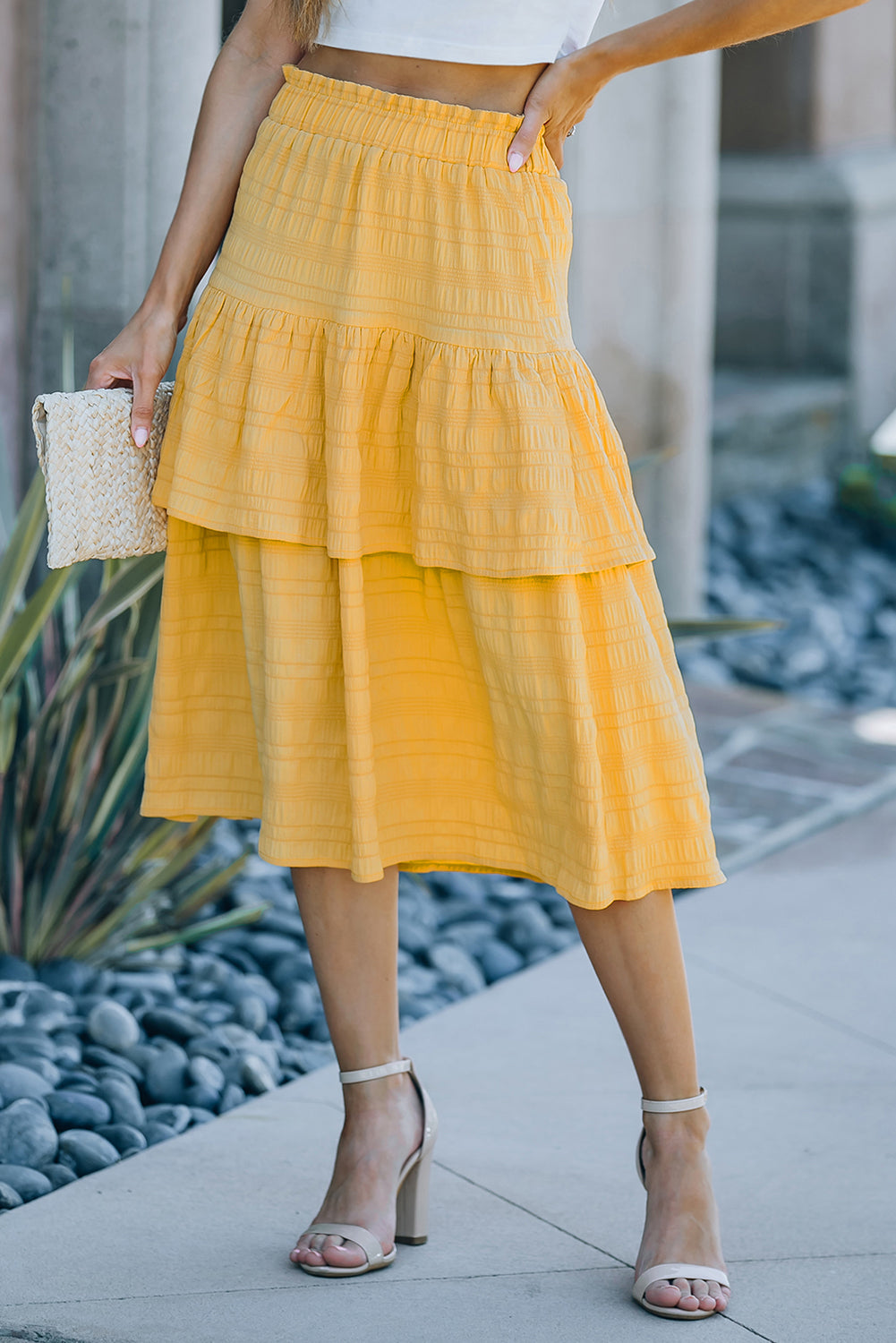 Textured Elastic Waist Layered Midi Skirt