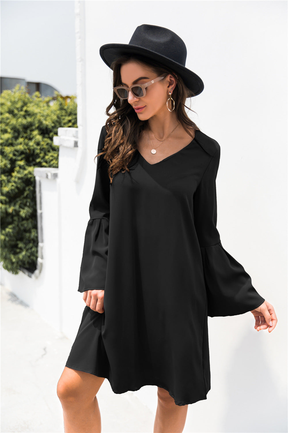 Trumpet Sleeve V Neck Dress