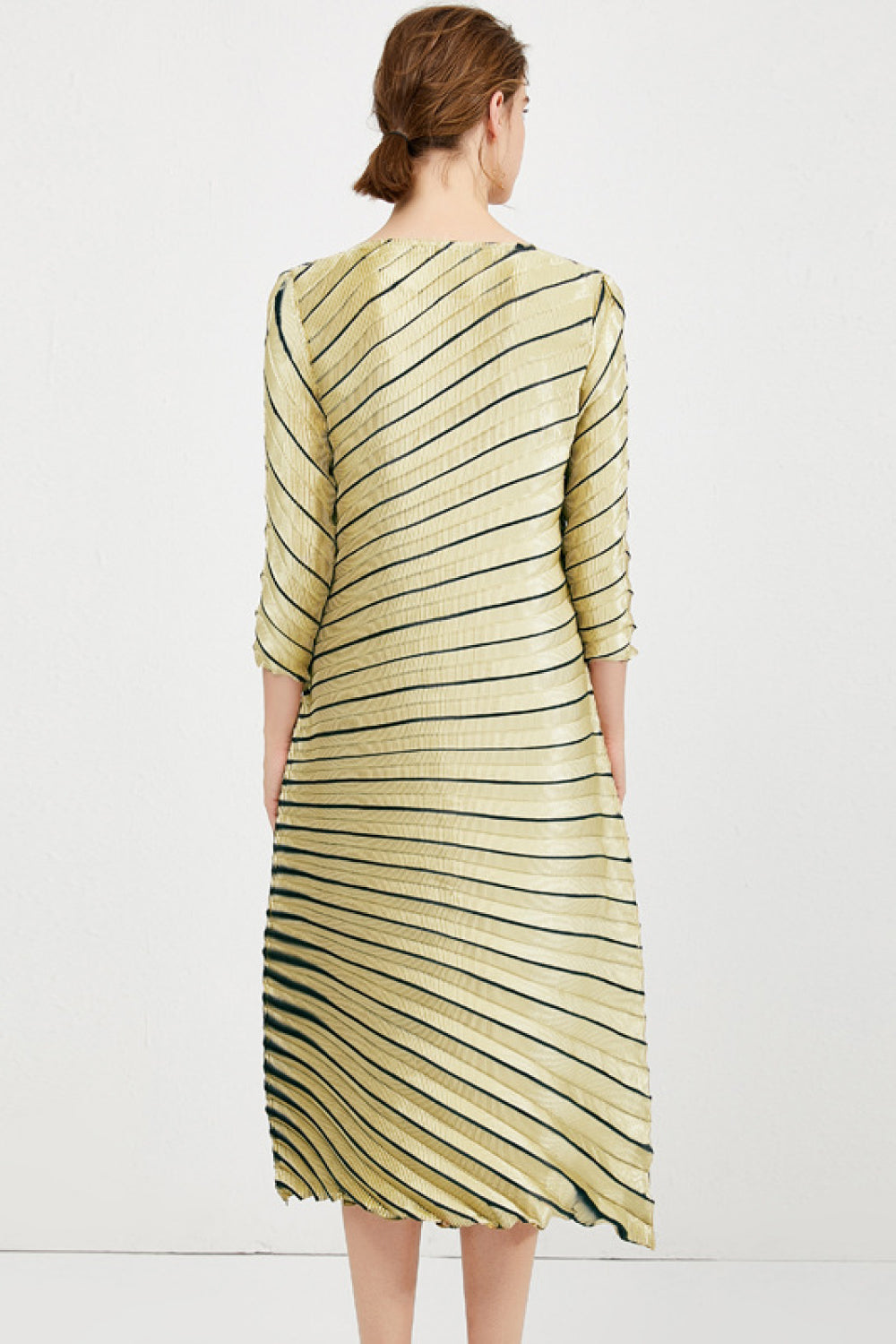 Striped Asymmetrical Pleated Round Neck Midi Dress