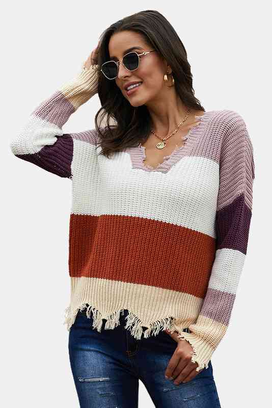 Colorblock Distressed Hem Sweater