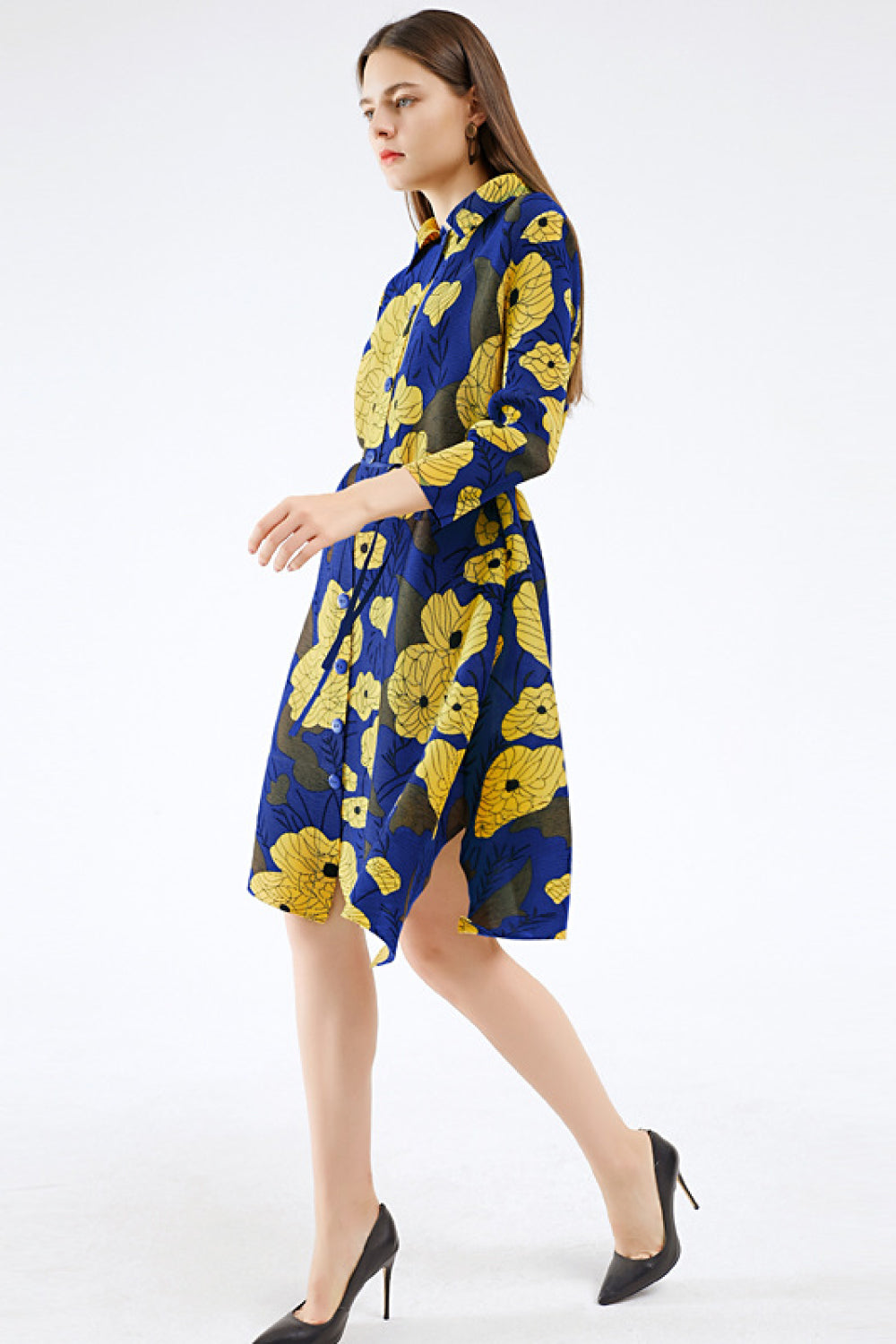 Floral Pleated Side Slit Shirt Dress (Belt Not Included)