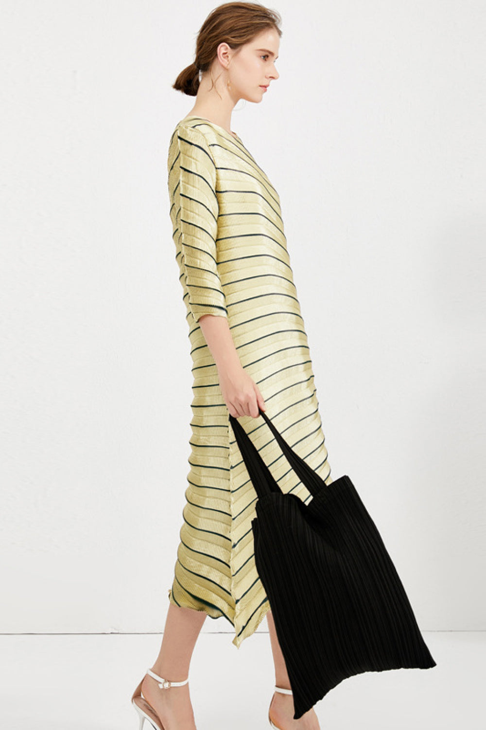 Striped Asymmetrical Pleated Round Neck Midi Dress