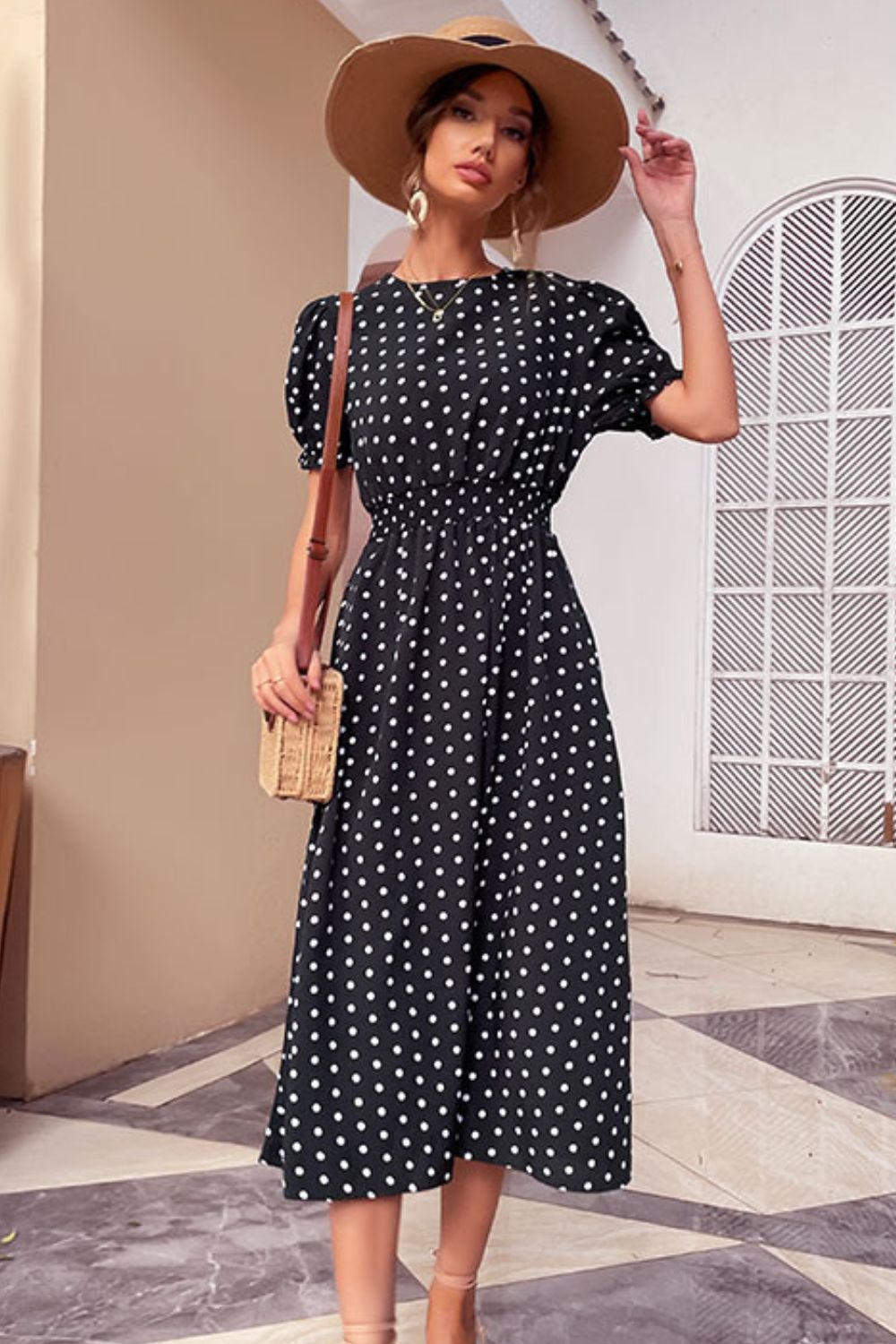 Polka Dot Short Puff Sleeve Midi Dress