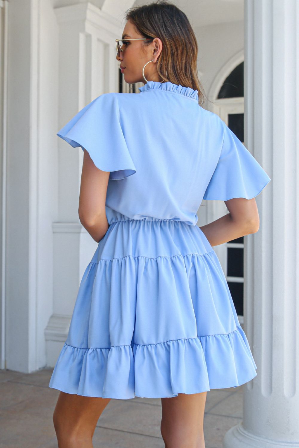 Tie Neck Tiered Flutter Sleeve Dress