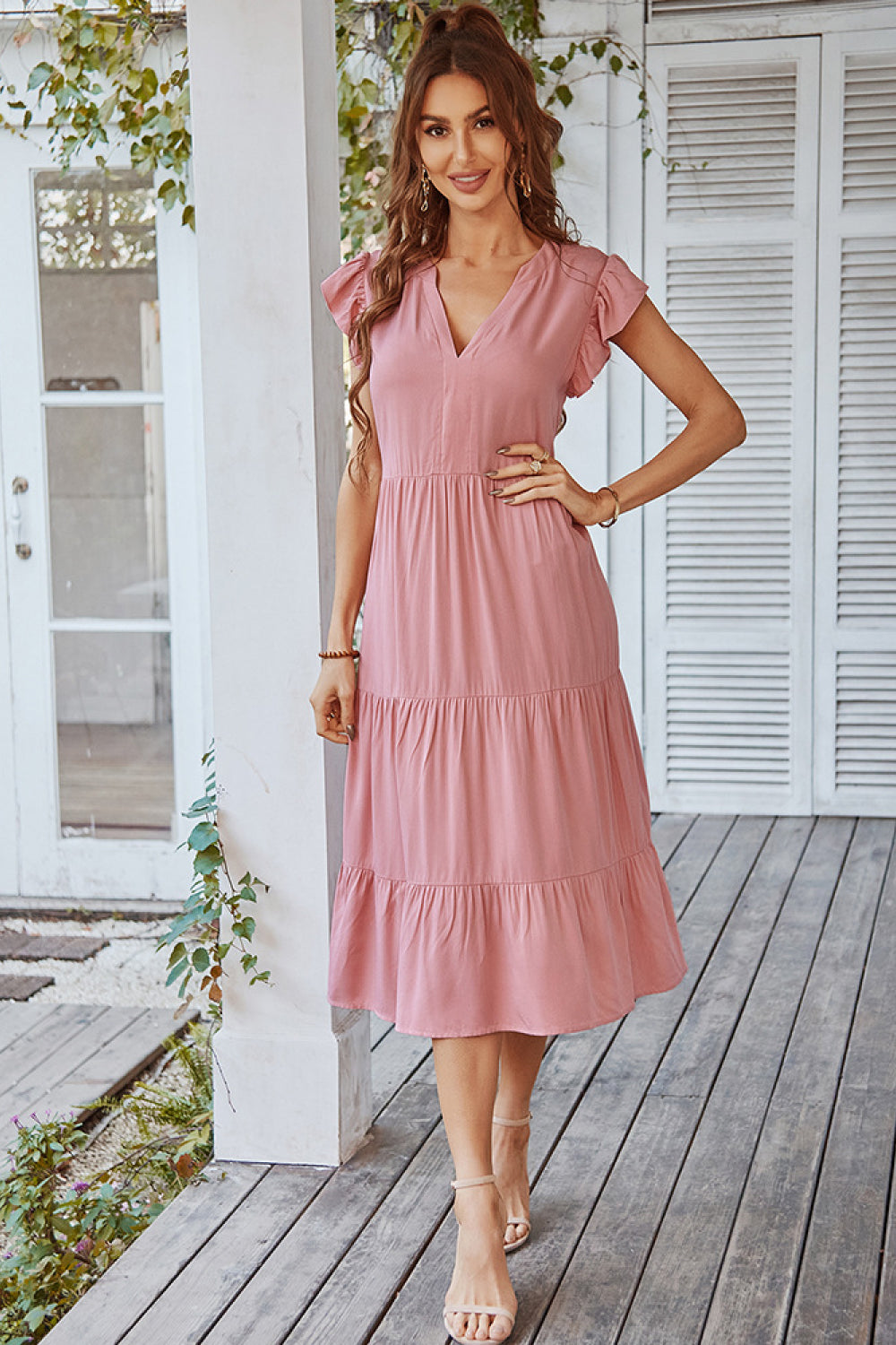 Flutter Sleeve Tiered Midi Dress