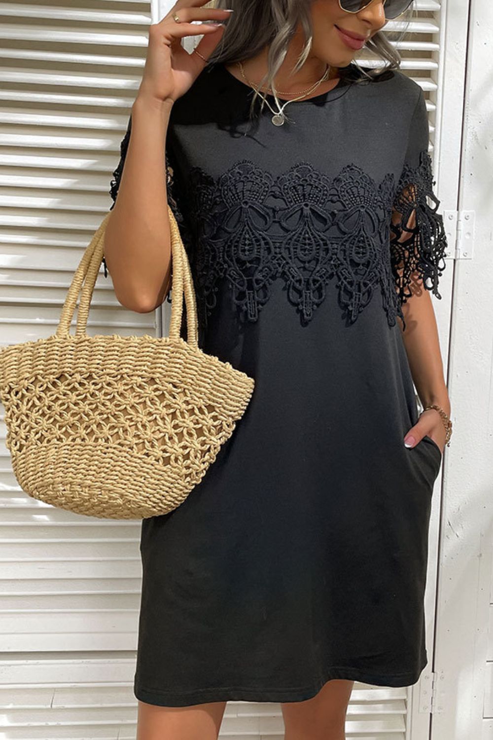 Spliced Lace Shift Dress with Pockets