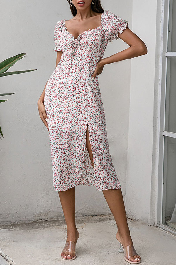 Ditsy Floral Puff Sleeve Dress with Slit