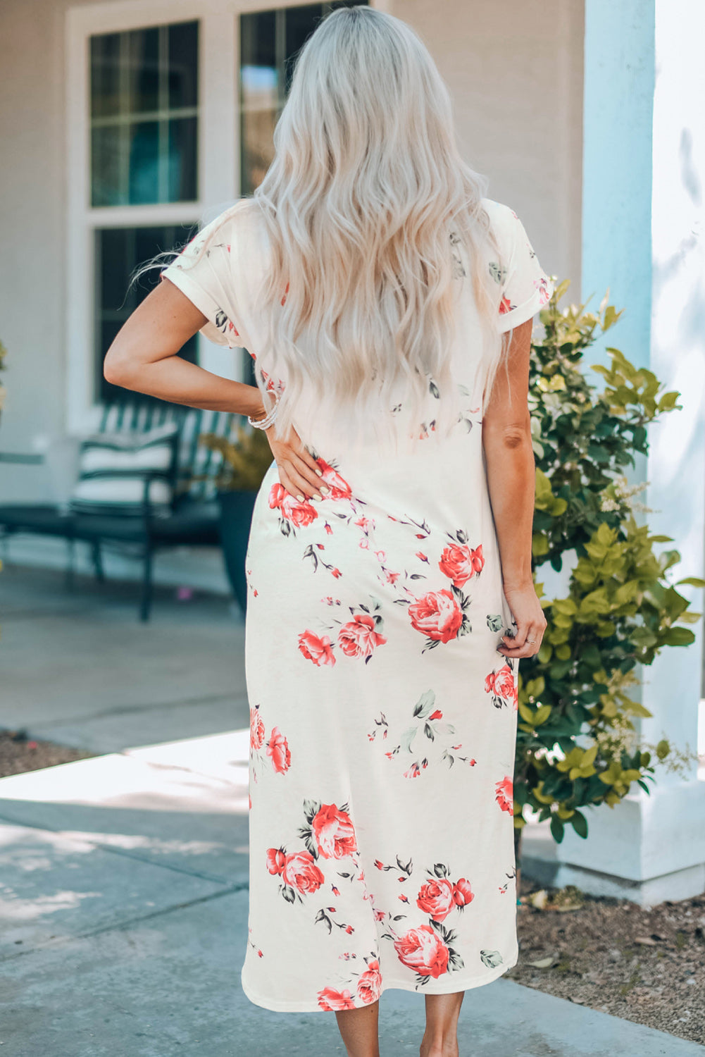 Floral Side Slit Cuffed Sleeve Maxi Dress