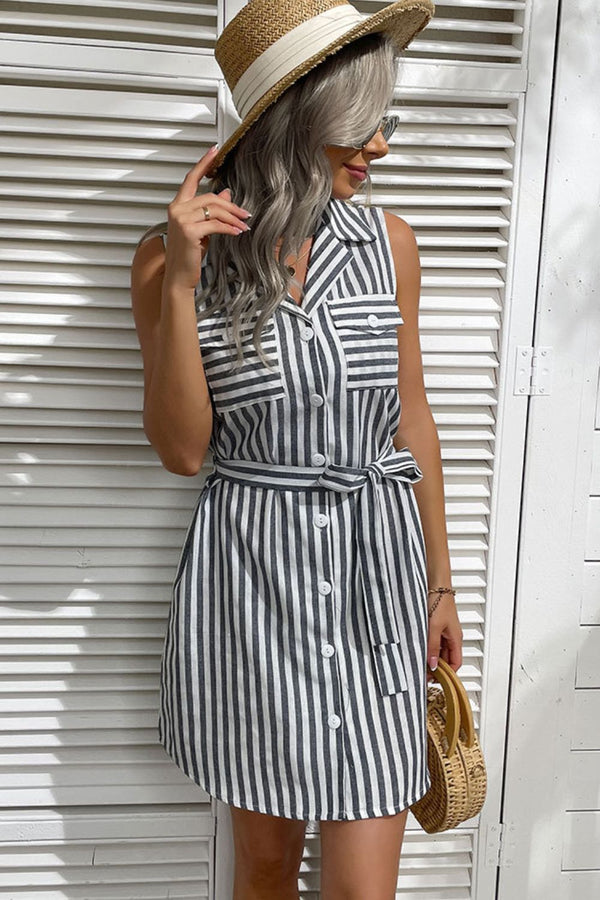 Striped Button Front Tie-Waist Sleeveless Shirt Dress