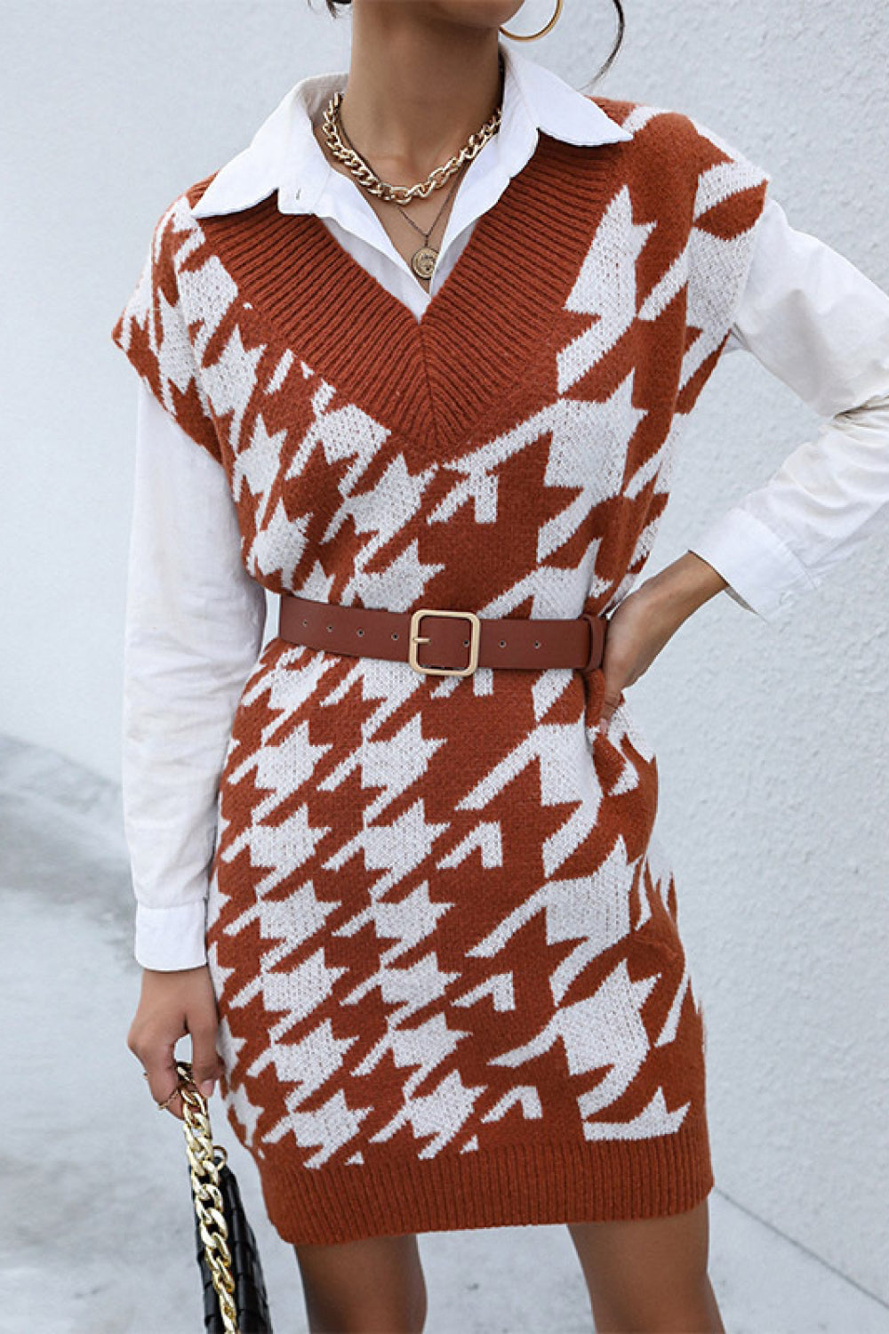 Large Scale Houndstooth Sweater Vest Dress